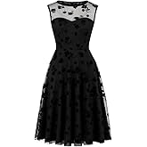 Women Mesh Floral Embroidery 50s Vintage Cocktail Swing Dress Illusion Sleeveless Black Goth Gothic Mini Dress Fitted Flared A line Casual Wedding Formal Evening Prom Skater Dress Black-Flower S