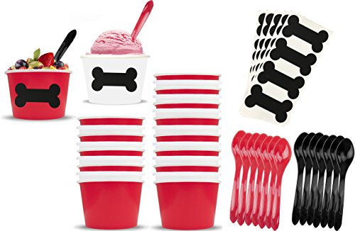 Dog Theme Ice Cream Set with 8 Ounce Paper Cups, Plastic Spoons, Dog Bone Chalkboard Labels 24 Each Red, Black and White by Outside the Box Papers