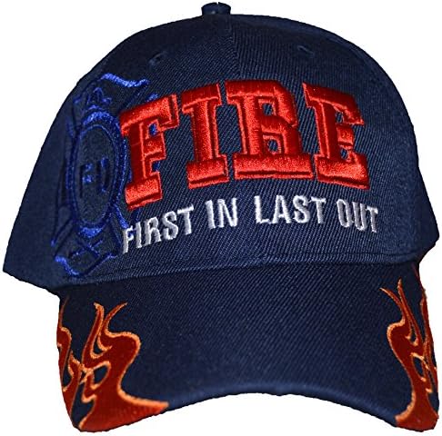 Men's Fire Department First in Last Out Embroidered Baseball Cap Hat (Navy Blue)