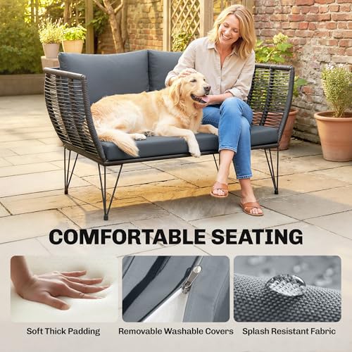 Outsunny 2 Seater Outdoor Sofa, PE Wicker Patio Outdoor Couch with Cushions, 660 LBS Capacity Small Patio Furniture Loveseat with Galvanized Steel Frame for Garden, Light Grey