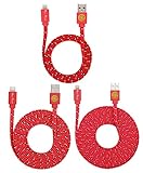 3 PACK 3ft/6ft/10ft Durable Braided Flat Noodle Lightning USB SYNC Cable Charger Cord for iPhone 5 / 5C / 5S / 6 / 6 Plus (Latest IOS Supported) iPad Mini iPod Touch 5th Air Gen (Red)