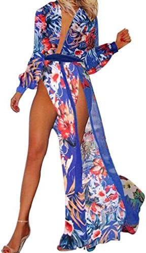 Sinineflower Womens Boho Double Split Long Maxi Summer Beach Party Chiffon Dress (S, Blue)