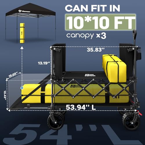 Hikemoon 400L Double Decker Wagon with Tailgate 54'' Extra Long, 560LBS Heavy Duty Wagons Carts Foldable, Big All-Terrain Wheels with Brakes, Utility Folding Cart for Beach, Camping, Sports, Black