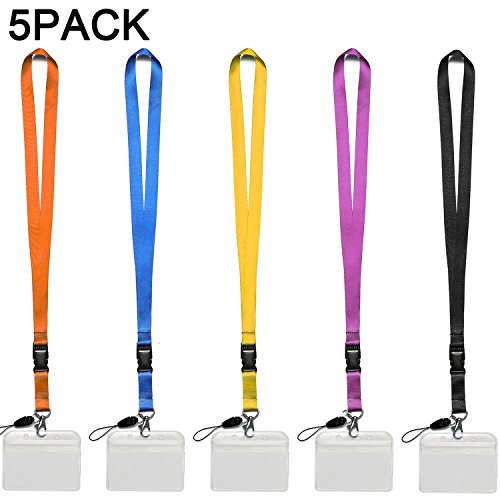 5 Pack ID Badge Holder with Safety Lanyard Colorful Neck Strings with Horizontal Nametag Holder Punched Zipper Waterproof Resealable Clear Plastic Black, Blue, Yellow, Orange, Purple Lanyards