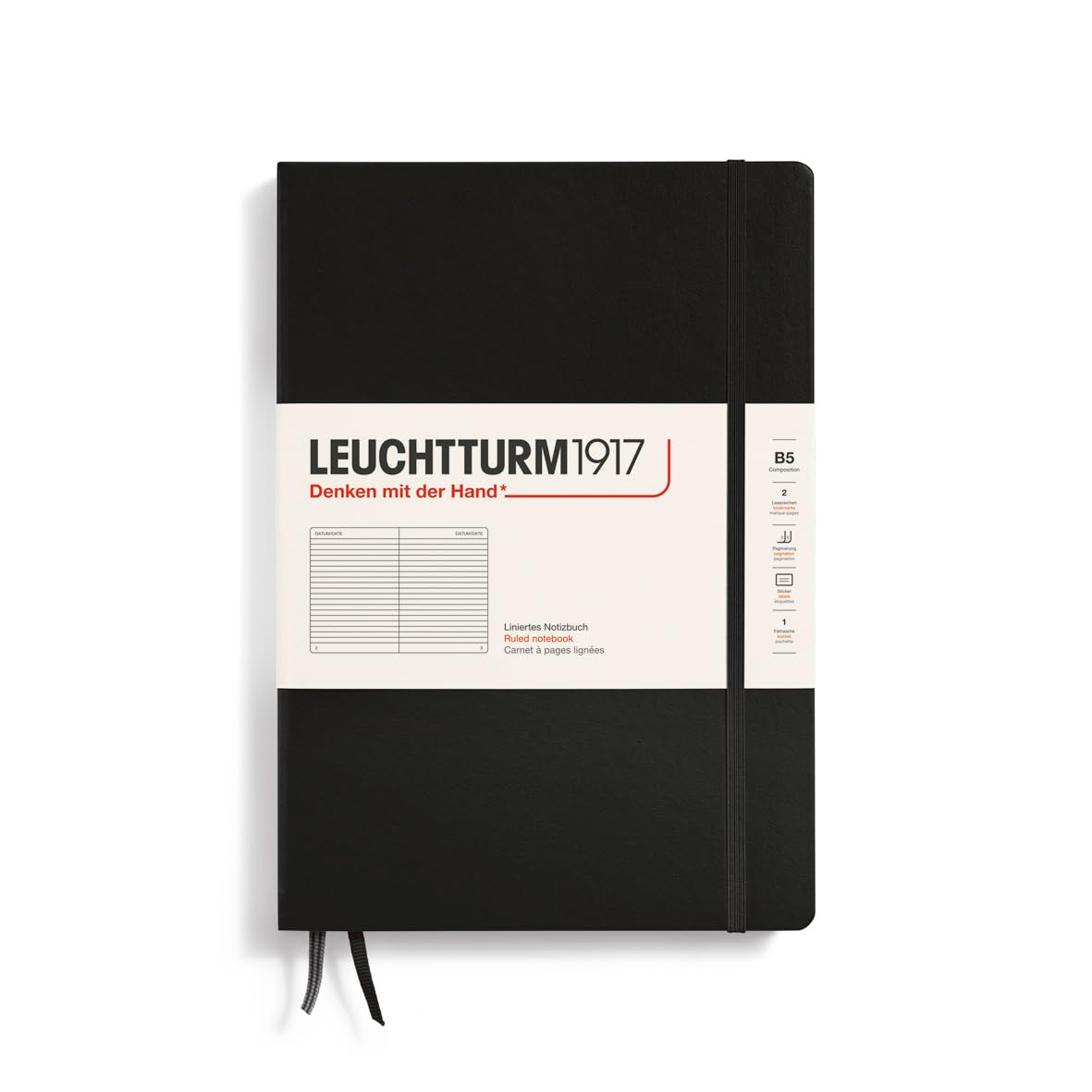 LEUCHTTURM1917 366185 Notebook Composition (B5), Hardcover, 219 Numbered Pages, Black, Ruled