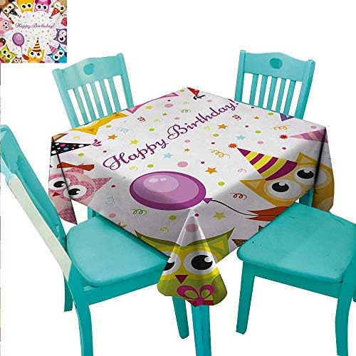 WilliamsDecor Kids Birthday Washable Table Cloth Birthday Party Owl Family with Colorful Cone Hats on Confetti Backdrop Art Great for Buffet Table 70" Wx70 L Multicolor
