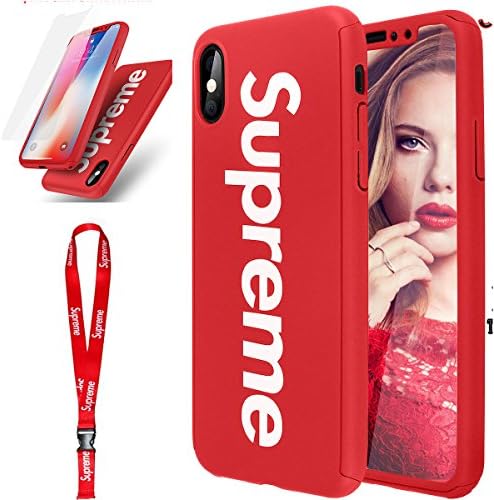 IPhone X Case - VAVCASE Ultra Thin Letter Supreme character Dual Layer Slim Fit Case Chain Tempered Glass Screen Protector for Apple (Red)