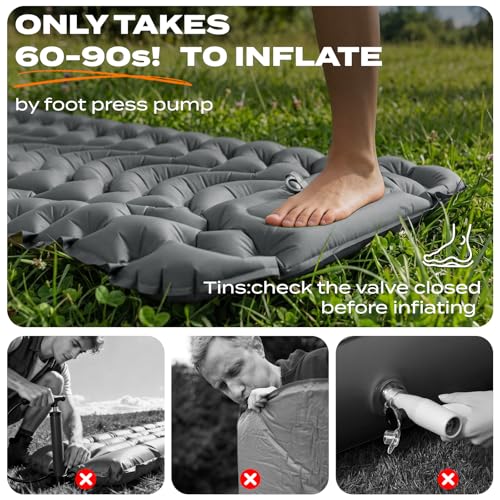 RUMBALUXY Inflatable Camping Sleeping Pad with Built-in Foot Pump Waterproof & Tear-Resistant 50D Nylon Mattress Portable, Compact Air Mat Camping Mat for Backpacking, Hiking, Tents, Grey