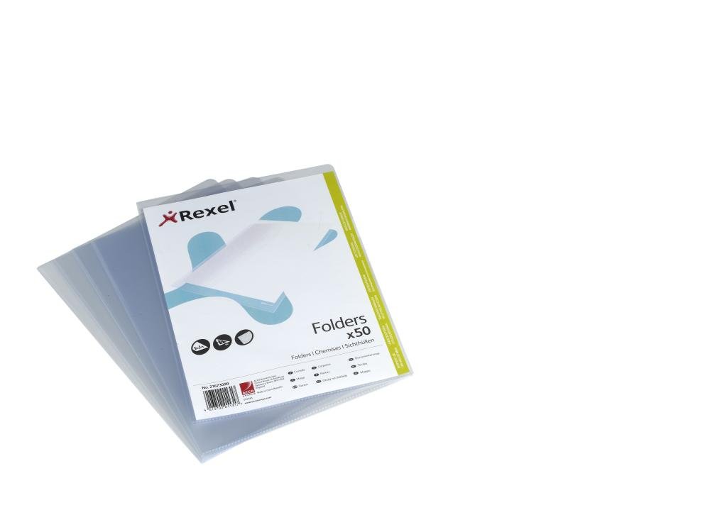 Rexel Economy A4 Document Folder, Glass Clear, 120mic, Cut Flush, Copy Safe, Pack of 50, 21673090
