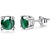 MEDWISE Simple Malachite/Turquoise/Moonstone/Zirconia Earrings 925 Sterling Silver Malachite Stud Earrings 6mm Round Mallache Earrings Peacock Stone Jewelry Gifts for Women Wife