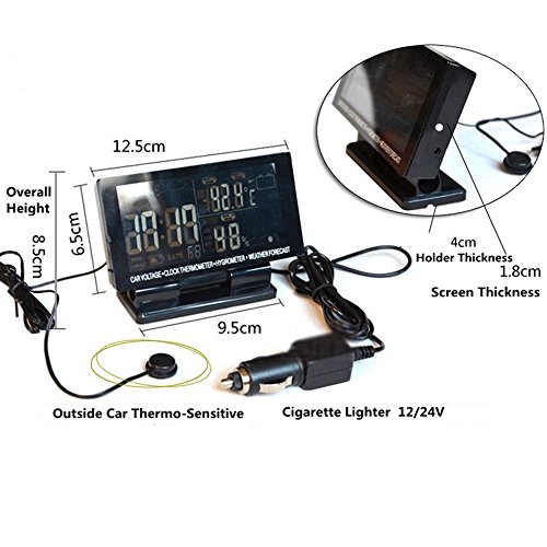 Polarlander 4 in 1 Digital Car Thermometer Hygrometer 12V DC LCD Screen Hygrothermograph Weather Forecast Voltage Clock