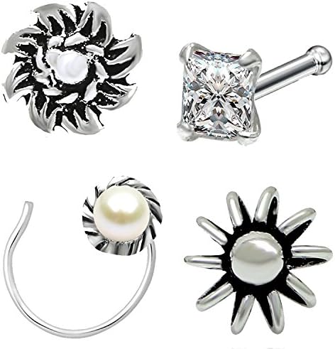 92.5 Sterling Silver Combo of 4 Glorious Nosepin with CZ and Artificial Pearl for Girls and Women CO09020