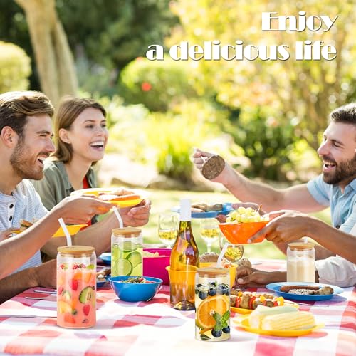 Nuangoo 6 x Drinking Glasses with Bamboo Lids and Glass Straw, Glass Can 500 ml, with Lid and Straw, Reusable Cups for Ice Coffee, Cocktail, Smoothie, Soda, Beer