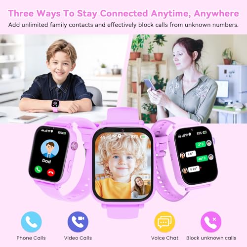 Berilona 4G Children's Smartwatch, Children's Smartwatch with Video Call and GPS, Phone, Voice Chat, SOS, School Mode, Alarm Clock, Pedometer, Games, Ideal Gift for Children 4-12 Years, Purple