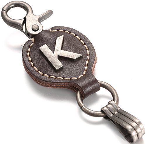 Brown Leather Alphabet Keychain, Single Letter with Easy Clasp Key - by Marino Ave - K - onesize