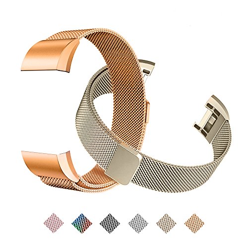 Tecson Magnetic Bands Compatible Fitbit Charge 2 (Pack of 2), Stainless Steel Metal Milanese Replacement Strap with Magnet Lock for Fitbit Charge 2, Champagne Gold and Rose Gold