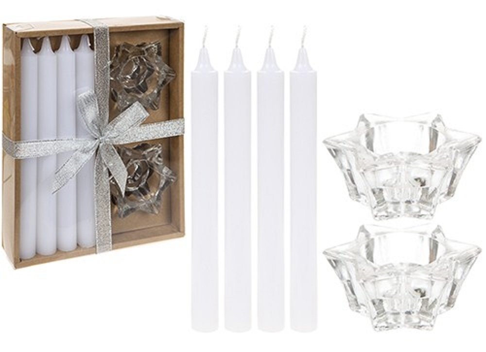 6 Piece Boxed Gift Set Of 4 White Candles & 2 Glass Candle Holders Christmas Dinner Table Decoration