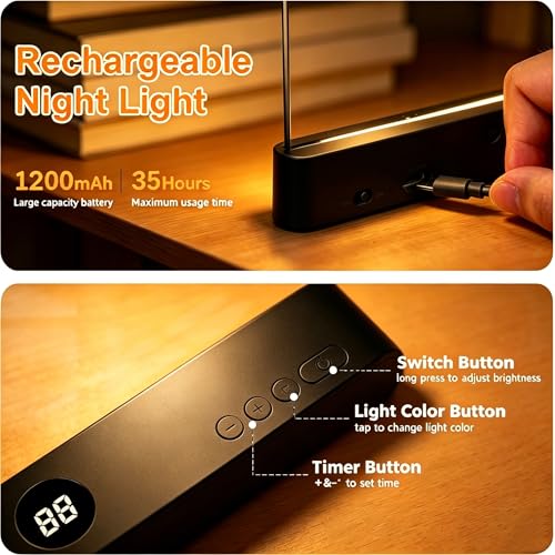 TDTOD Flat Book Lamp, Smart LED Book Light, Portable Reading Lamp with Timer and 3 Colour Lights, Rechargeable Panel Reading Lamp for Night Reading (Noir)
