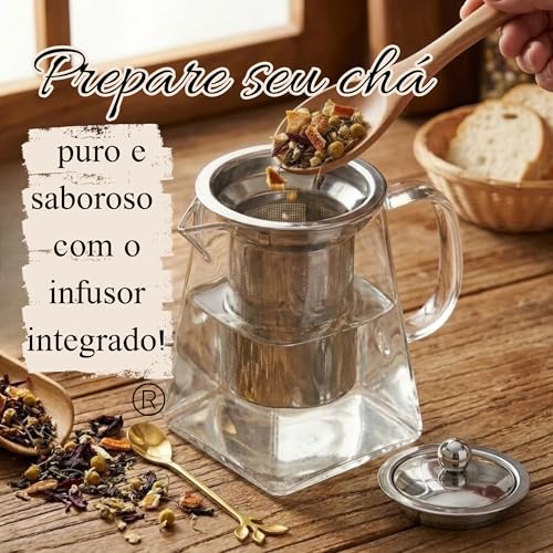 Chaleira de Vidro Borossilicato com Infusor Removível e Tampa em Aço Inox – Bule de Chá 2 em 1, Jarra de Vidro com tampa, para Chá e Infusões, Bebidas Quentes e Frias - Presente Sofisticado (950ml)