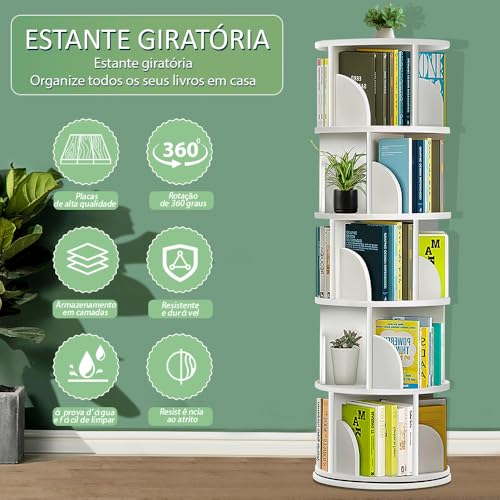Estante Giratória, 5 Andares Estante Giratória Livros, 160 * 40cm, 360° - Livreiro de Piso para Organização e Decoração de Casa, Quarto e Escritório