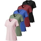 Real Essentials 5 Pack: Women's Short Sleeve Split Hem V-Neck T-Shirts, Athletic Tops, Gym, Workout, Yoga, Activewear (Plus)