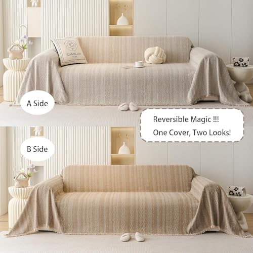 SLEEPHEAD® Chenille Sofa Cover - Cat-Proof & Anti-Scratch Couch Protector Slipcover with Tassels | Universal Fit for 2-3 Cushion Couch Washable Leakproof Furniture Protector （180 * 300cm）