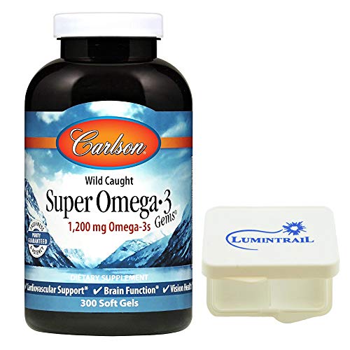 Carlson Super Omega 3 Gems, Norwegian Fish Oil Supplement 1200mg Omega 3s, 300 Soft Gels Bundle with a Lumintrail Pill Case
