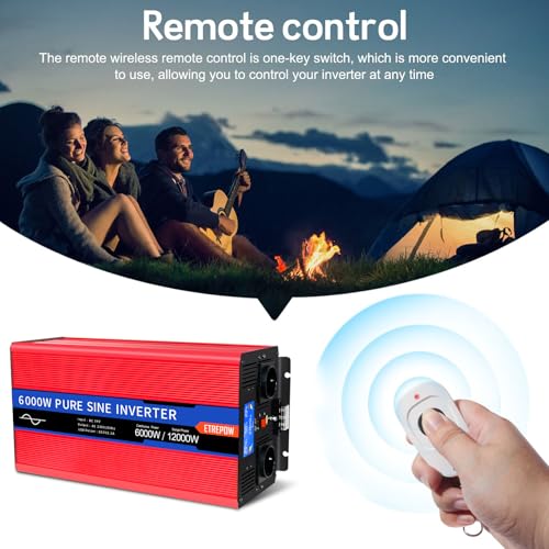 ETREPOW Inverter 6000 W 24 V 220 V Pure Sine Wave Transformer with 2 EU Sockets and a USB, Wireless Remote Control and LCD Display – Peak 12000 W