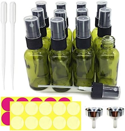 Le Fu Li 12 Pcs, 1 oz Cobalt Olive green Glass Bottles with Black Fine Mist Sprayers by , 2 Stainless Steel Mini Funnel, 2 Transfer Pipettes, 20 Bottle Labels