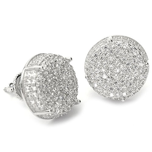 Iced Out Hip Hop 925 Silver 3D XL Round Flat Top Side CZ Setting Screw Back Stud Earring SHS 456 S