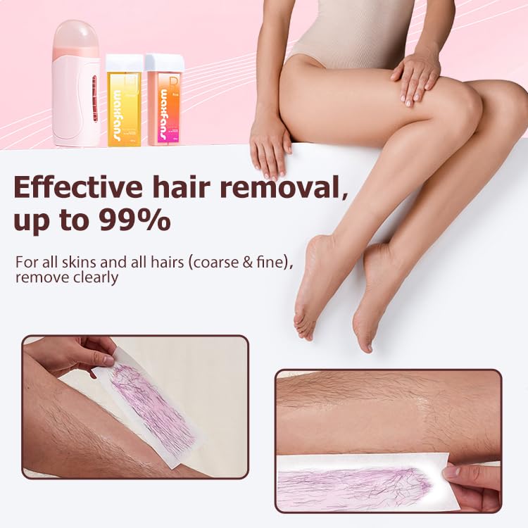 Roll on Wax Kit, Waxing Kit for Women and Men, Wax Roller Waxing Kit for All Skin Types, Roll on Waxing Kit for Hair Removal, with Honey and Rose Wax Cartridges & 50 Pcs Wax Strips