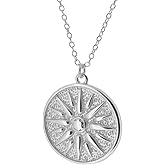 NewZenro Vintage Sun Embossed Round Disc Pendant Necklace for Women Dainty Minimalist S925 Sterling Silver 18K Gold Plated Link Choker Necklaces Adjustable Chain Fashion Trendy Jewelry for Her Bff