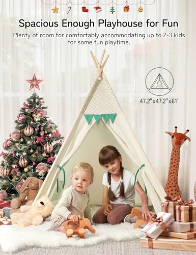 besrey Kids Play Tent Indian Canvas Teepee Cotton with Padded Mat and Fairy Lights (Green and White)