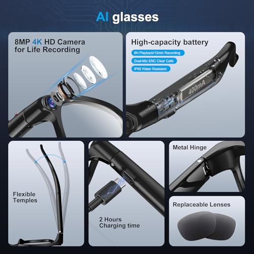 AI Smart Glasses with 8MP Camera, 4K Video, Photo Capture, Real-Time Translation, Recording, AI Assistant, Open-Ear Audio, Bluetooth, Object Recognition, Replaceable Sunglasses Lenses for Men Women