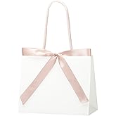 KLOVYRA Medium White Gift Bag with Pink Ribbon, 9×4×7 Inch Landscape Size — Wide White Kraft Paper Bag with Handles, Birthday, Party Favor Packaging, Reusable Eco Friendly Paper Tote (2 Pack)