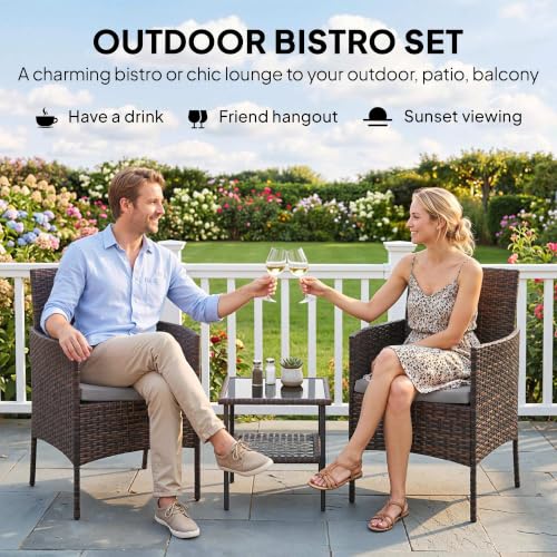 Outsunny 3 Piece Wicker Patio Furniture Set, Rattan Bistro Set with 2 Patio Chairs, 2-Tier Glass Table, Cushions, Outdoor Conversation Furniture for Porch, Balcony, Dark Grey