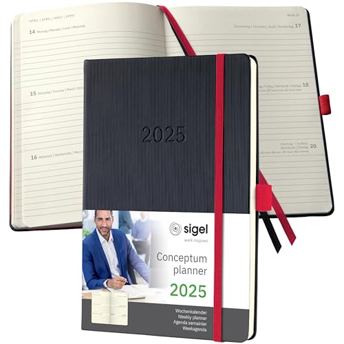 SIGEL C2508 Conceptum Weekly Planner 2025, Approx. A5, Black, red, hardcover, 2 Pages = 1 Week, 192 Pages