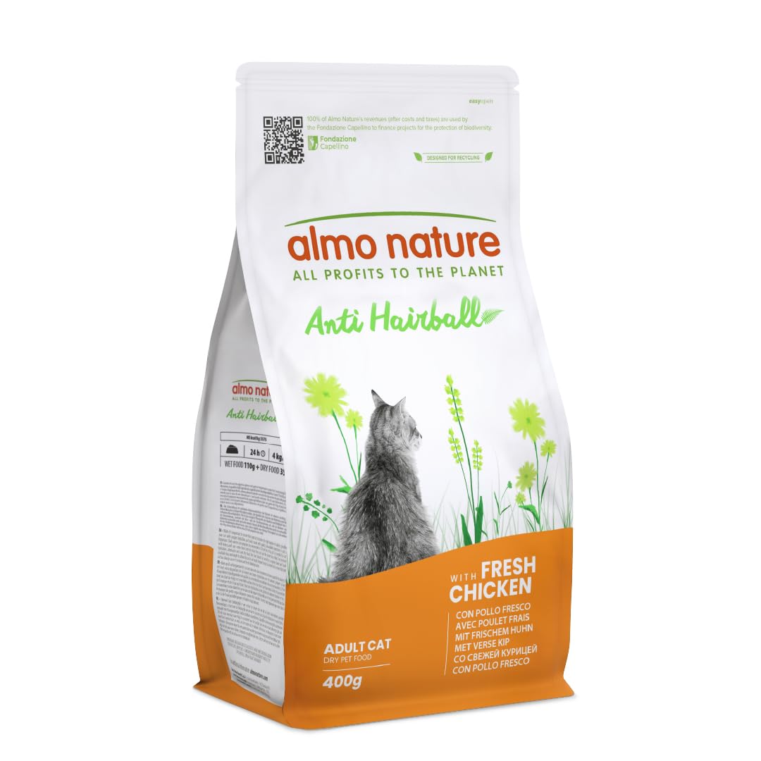 Almo Nature Anti Hairball - Adult Cat Kibble with Fresh Chicken, with a Blend of Vegetable Fibres to Counteract the Formation of Hairballs - 400g Bag