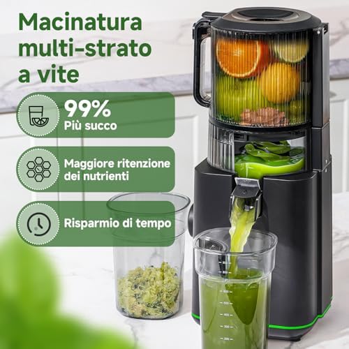 Estrattore di Succo, Bocca 155mm, 2,5L, Separatore della Schiuma, 2 Filtres, Pressione Automatica, Succo Puro e Vellutato, Silenzioso e Facile da Pulire, Ideale per Famiglia e Colazione
