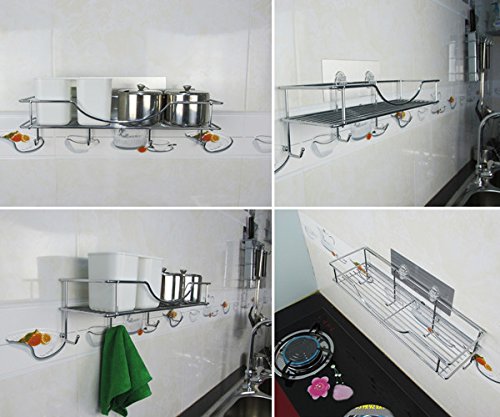 Bathroom Towel Shelf / Kitchen Holder, AISHN 304 Stainless Steel Vacuum Super Silicone Storage Rack, Space-Saving Rack Includes 4 Hooks - Thumbnail 2