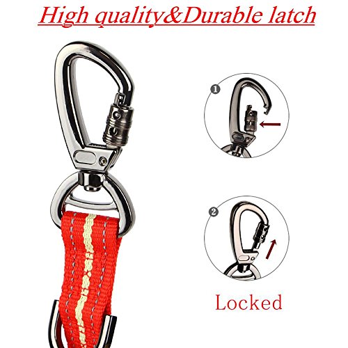 MEIKAI Bungee Dog Leash Chrome Metal Lock Reflective Nylon Pet Leash with 2 Handle and 3 Multifunction D Button Great for Walking, Hiking and Training (Red)