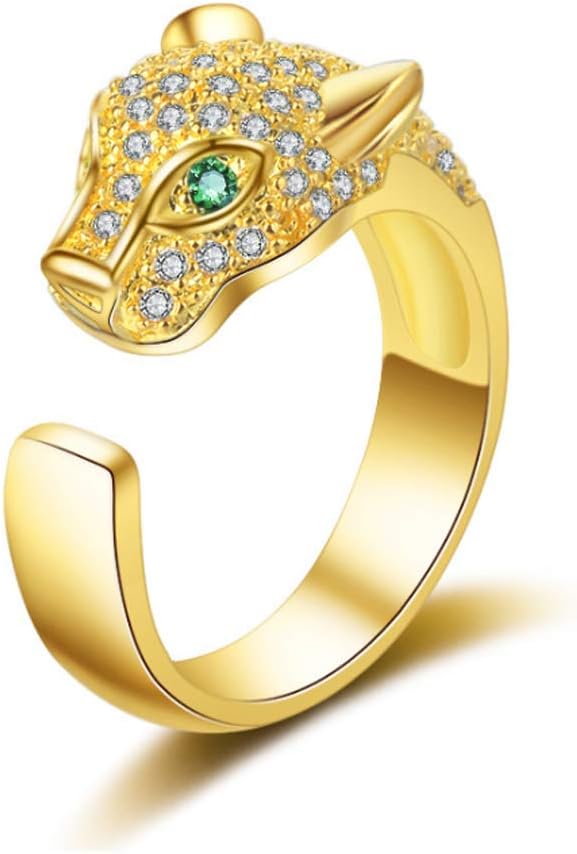 TULIP LY Leopard Head Ring Adjustable White Gold Ring with Cubic Zirconia Inlay Uniquely Stylish Ring for Women (Gold-Plated-Brass)