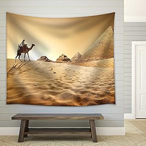 Bedouin on Camel Near Pyramids in Desert - Fabric Wall Tapestry Home Decor - 51x60 inches