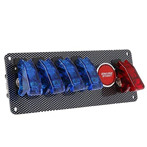 Amadget 12V Racing Car Ignition Switch Panel, Auto Engine Starter Push Button Racing Ignition Switch + 4 Blue & 1 Red LED Toggle Button Panel