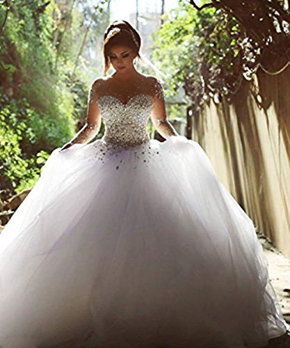 ScelleBridal Gorgeous 2016 Pearls Beading Long Sleeves Ball Wedding Dresses for Bride White 20W