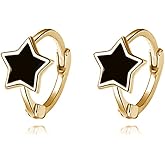 Reffeer Solid 925 Sterling Silver Black Star Huggie Earrings Hoops for Women Teens Small Star Hoop Earrings Cartilage Helix Earrings