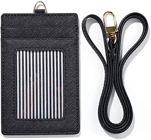 Genuine Leather ID Badge Window Holder Card Neck Strap Wallet Case Landyard Women (Black)