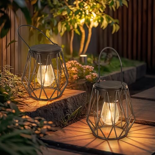Ketom Pack of 2 Solar Lights for Outdoor Hanging Solar Lantern for Outdoor Standing Metal IP65 Waterproof Solar Pendant Lamp Outdoor Vintage with LED Bulb and Hook, Diamond, Black, for Outdoor Lawn