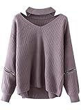 Futurino Women's Solid Choker V Neck Long Sleeve Loose Knit Sweater Jumper Top