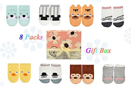 Anti-Slip Grip Soles Cozy Cartoon Baby Socks,8 Pairs per Pack/ Gift Box for Baby